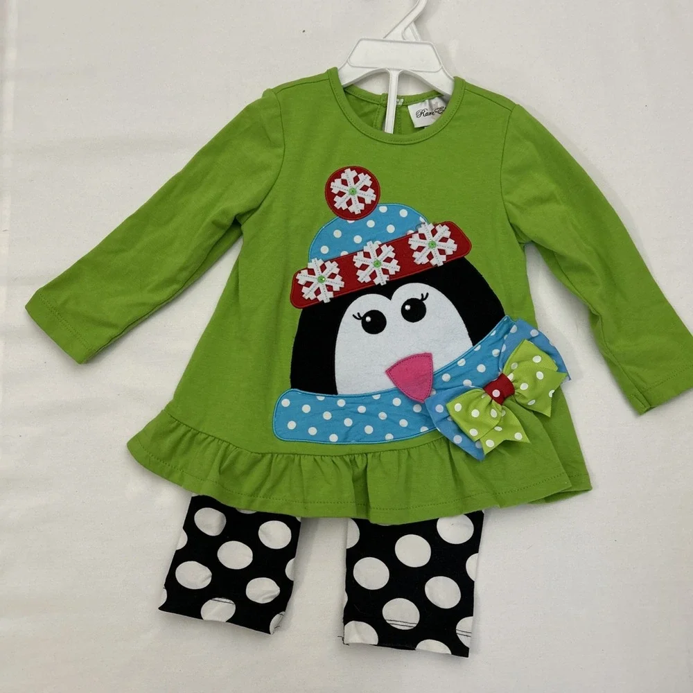 Rare Editions Girls 24mo Christmas Penguin Bow Hat Snowflake Outfit B127‎